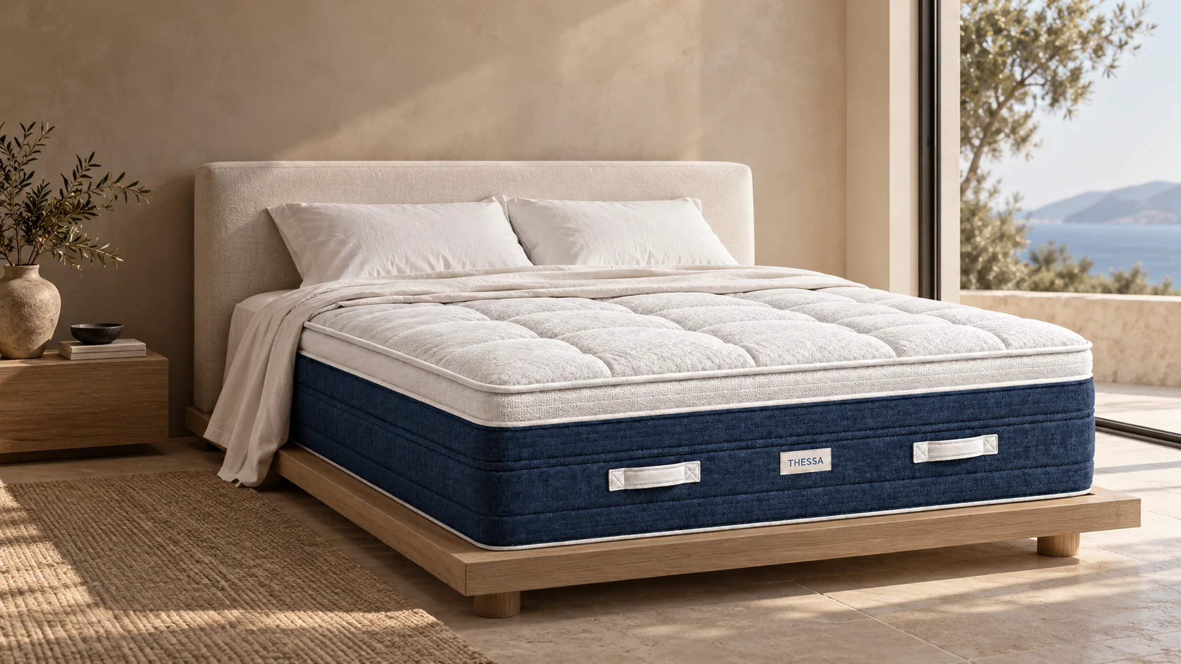 Grand Natural in deep blue and white, in a Mediterranean bedroom