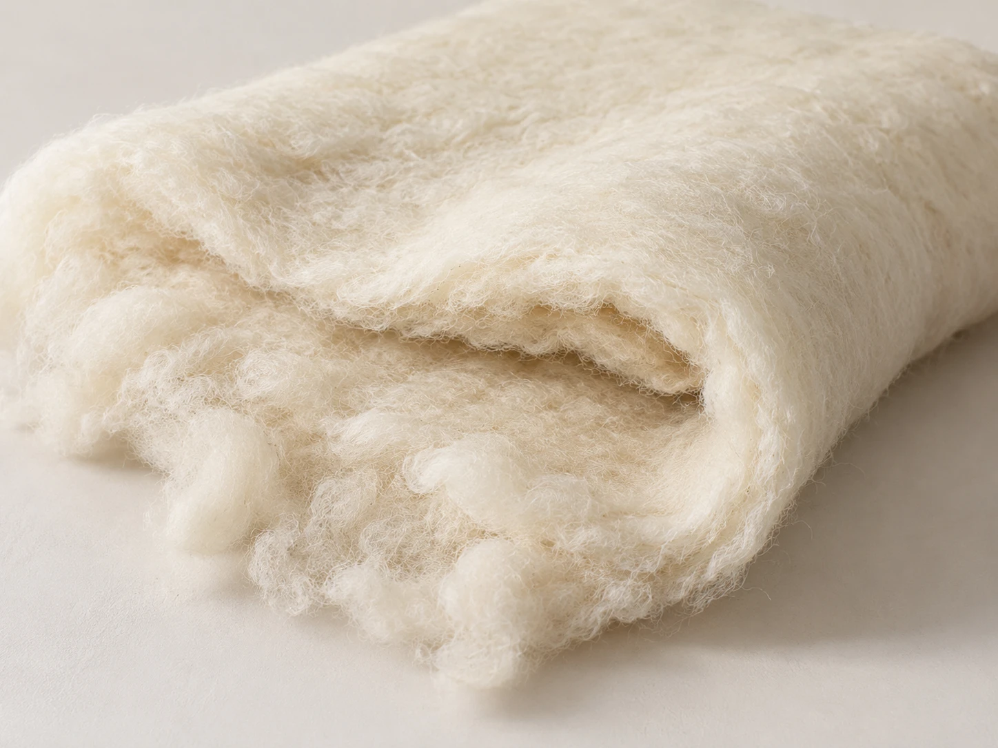 Material study of processed wool batting, folded to show its soft crimped fibres